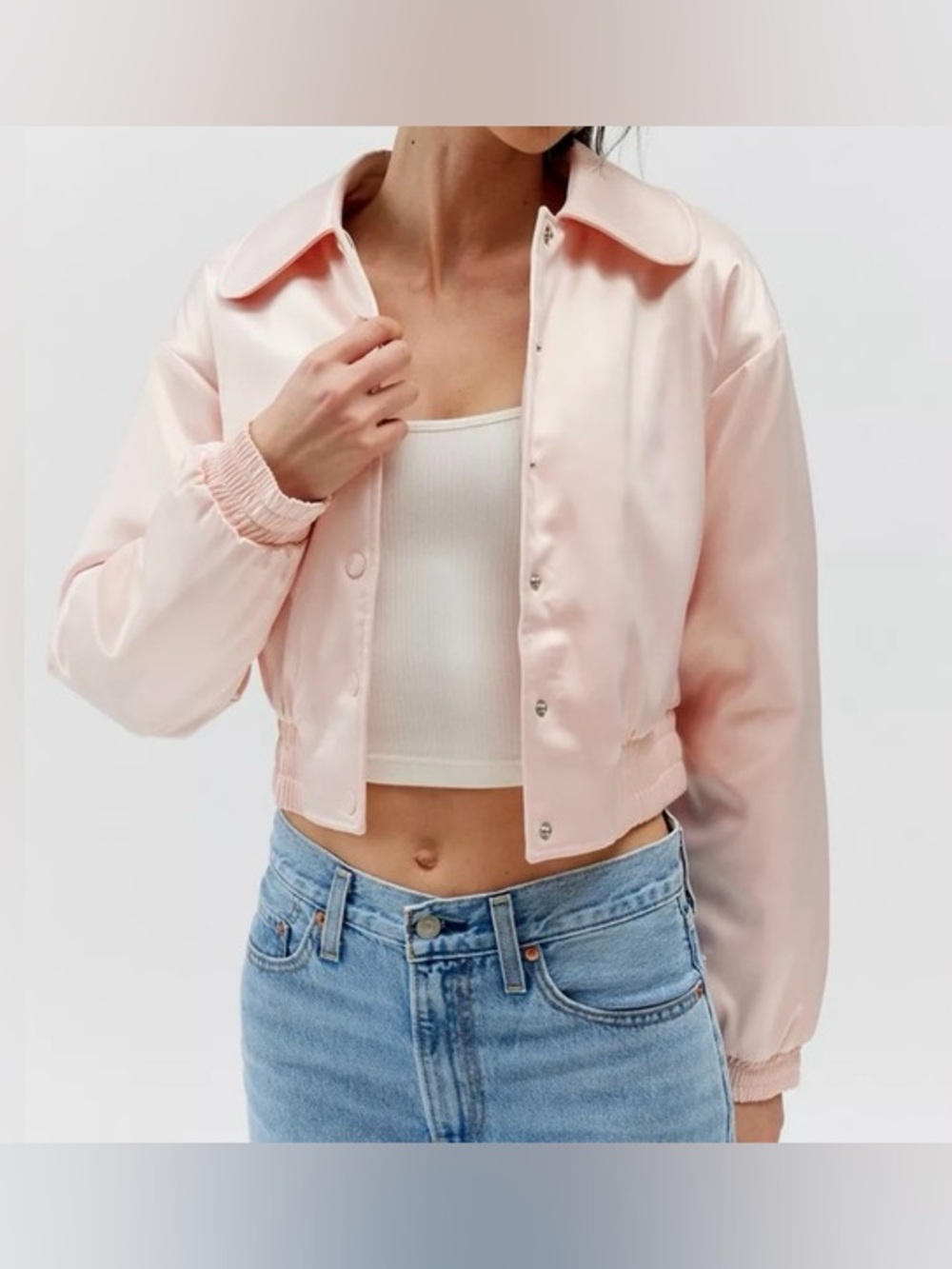 NWT UO Sally Cropped Satin Bomber Jacket - Pale Pink S